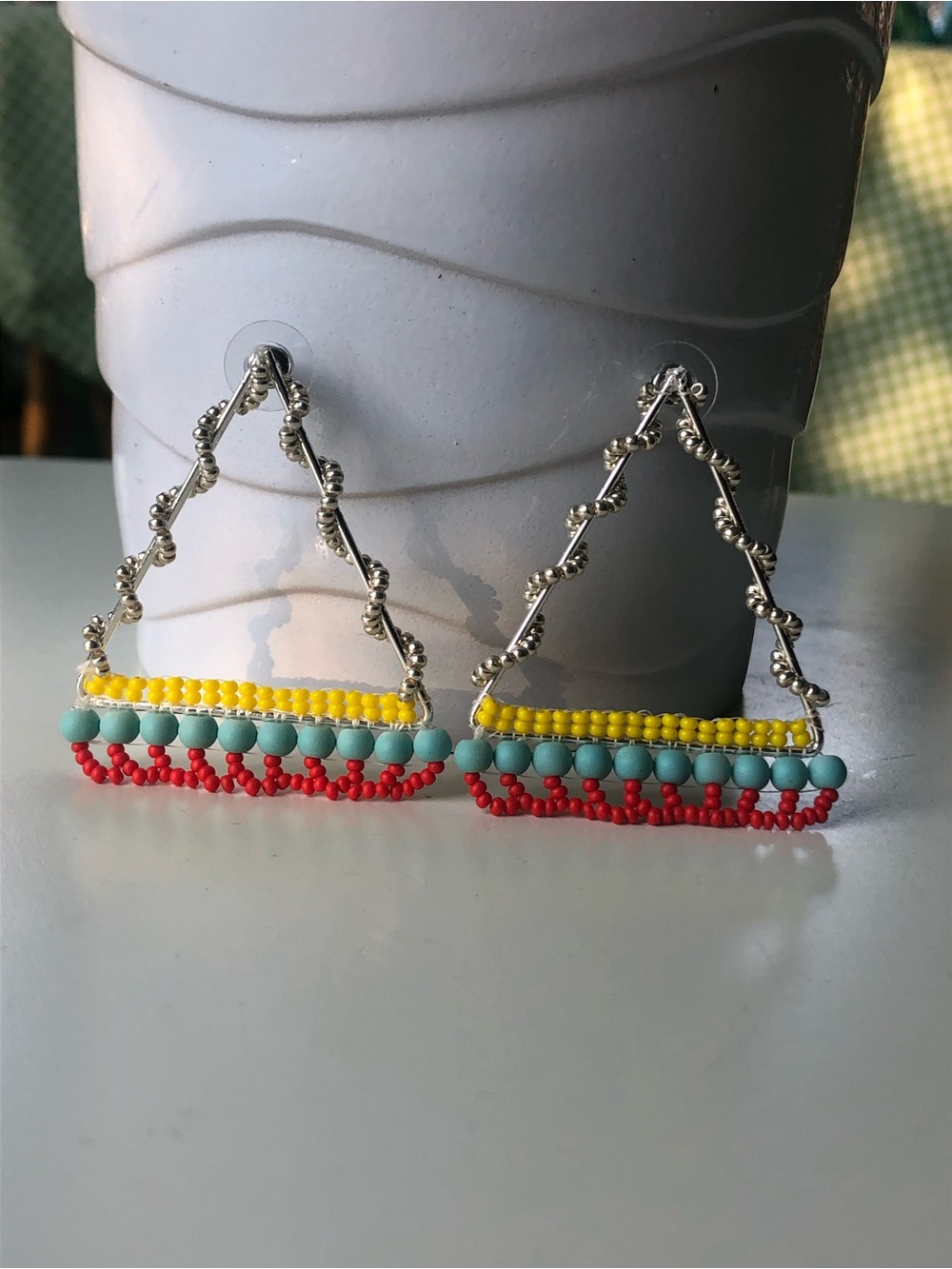 Handmade Colorblock Beaded Triangle Earrings - Yellow, Turquoise & Red - Picture 2 of 4